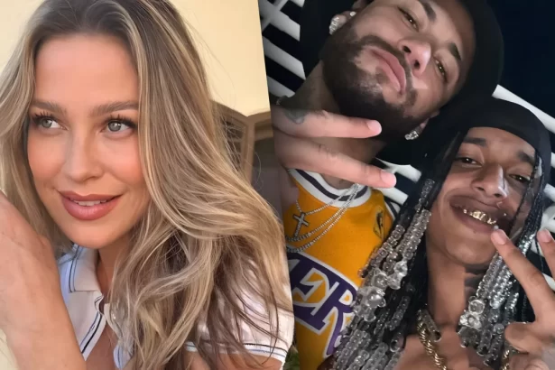 Luana Piovani sorrindo dividindo tela com Neymar e Oruam abraçados