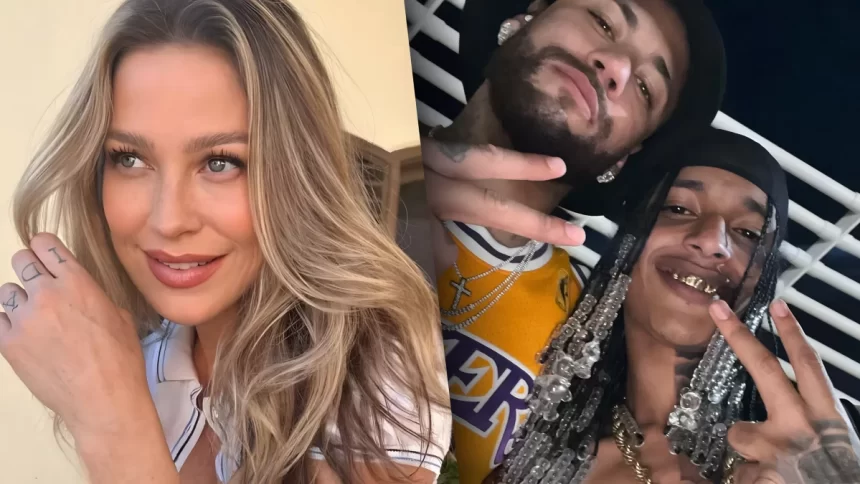 Luana Piovani sorrindo dividindo tela com Neymar e Oruam abraçados