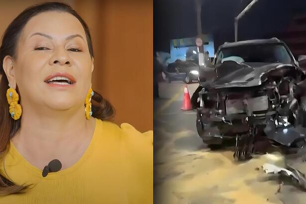 Dona Ruth em vídeo no canal de youtube, ao lado o carro destruído após acidente