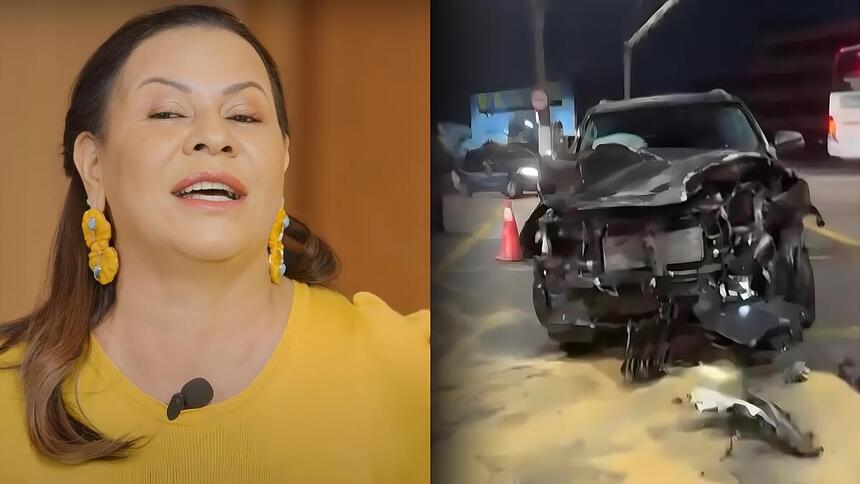 Dona Ruth em vídeo no canal de youtube, ao lado o carro destruído após acidente