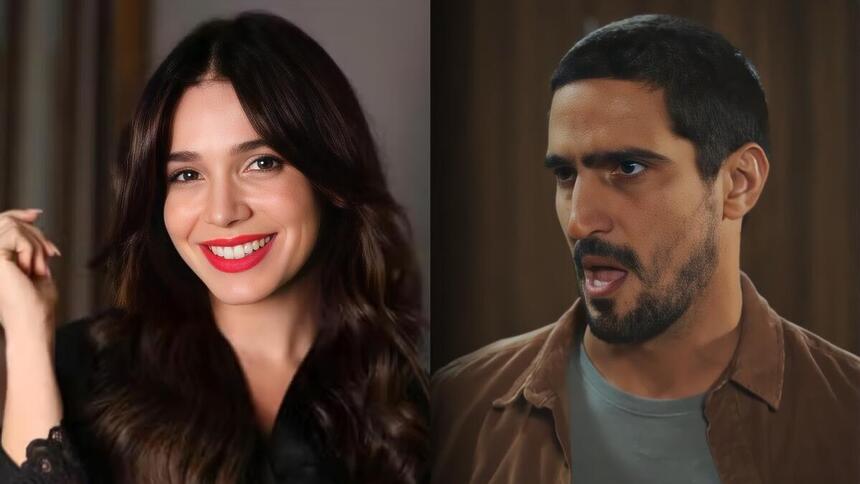 Maya de batom vermelho sorrindo e Tom com a boca aberta em cena de Família é Tudo