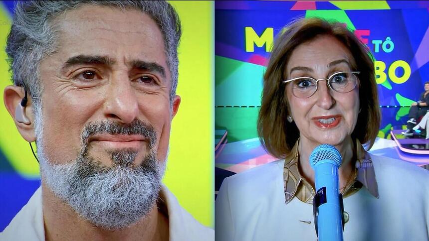 Marcos Mion chora no palco do Caldeirão, dividindo tela com a sua mãe