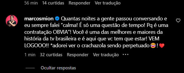 Comentário de Mion no vídeo de anúncio de Eliana 