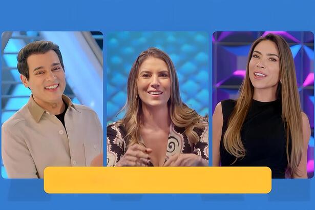 Celso Portiolli, Rebeca Abravanel e Patricia Abravanel, sorridentes, na chamada da nova programação do SBT aos domingos