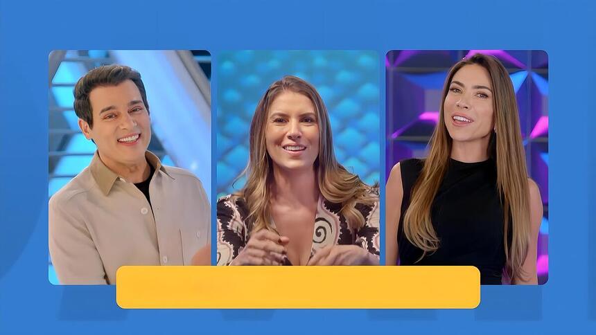 Celso Portiolli, Rebeca Abravanel e Patricia Abravanel, sorridentes, na chamada da nova programação do SBT aos domingos