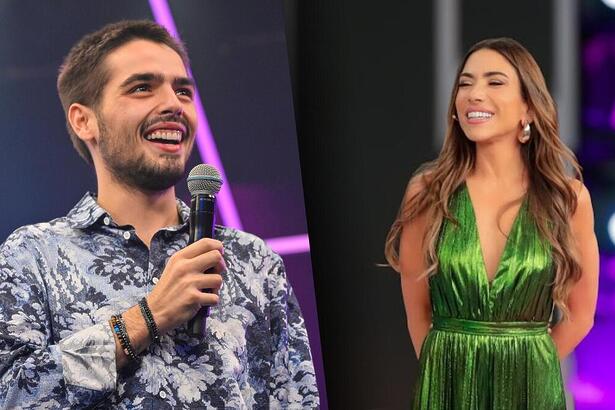 João Guilherme Silva sorrindo, no cenário do Programa do João, em montagem com Patricia Abravanel, também sorrindo, no Programa Silvio Santos