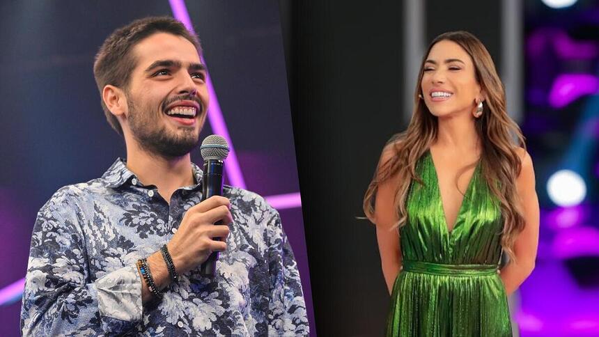 João Guilherme Silva sorrindo, no cenário do Programa do João, em montagem com Patricia Abravanel, também sorrindo, no Programa Silvio Santos