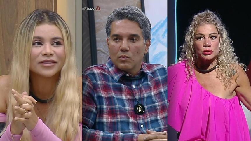 Taty Pink, Fernando e Cátia Paganote no sofá da Mansão do A Grande Conquista 2