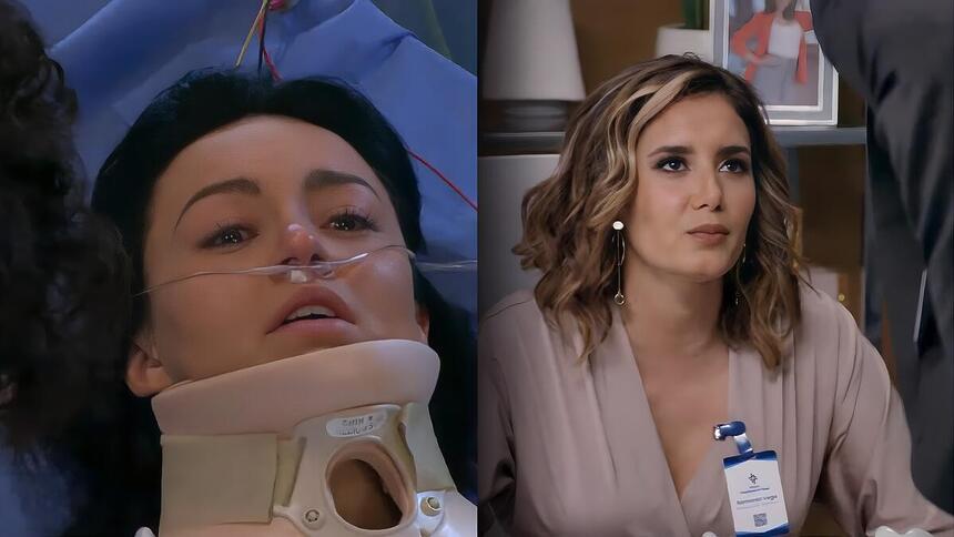 Teresa na cama de um hospital e Samanta em um escritório em cenas das novelas Teresa e Contigo Sim, respectivamente