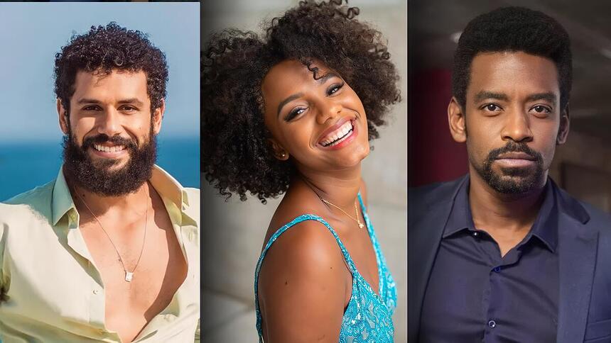 Montagem com os atores Amaury Lorenzo, Jéssica Ellen e Fabrício Boliveira. Os três protagonistas de Volta Por Cima estão sorrindo