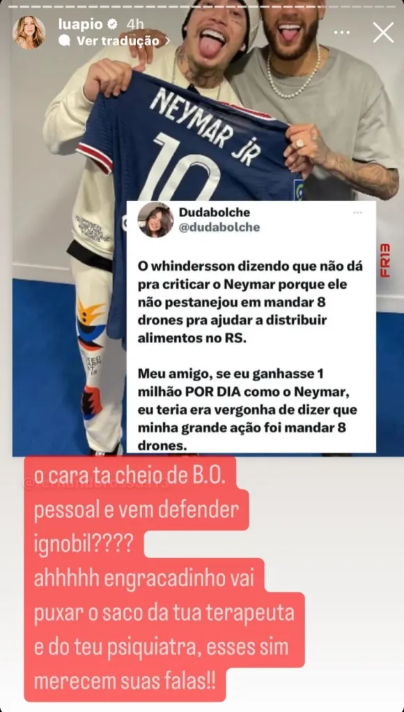 Story de Luana Piovani criticando Whindersson Nunes