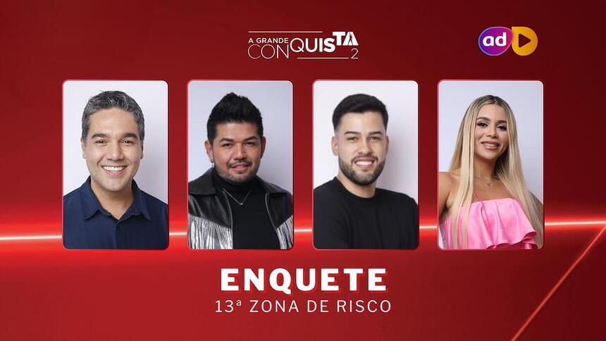 Fernando, Hideo, Kaio e Taty Pink na arte da enquete da 13ª Zona de Risco do A Grande Conquista