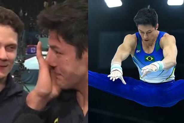 Arthur Nory chorando na Globo, em montagem com trecho de sua apresentação na Olimpíada 2024