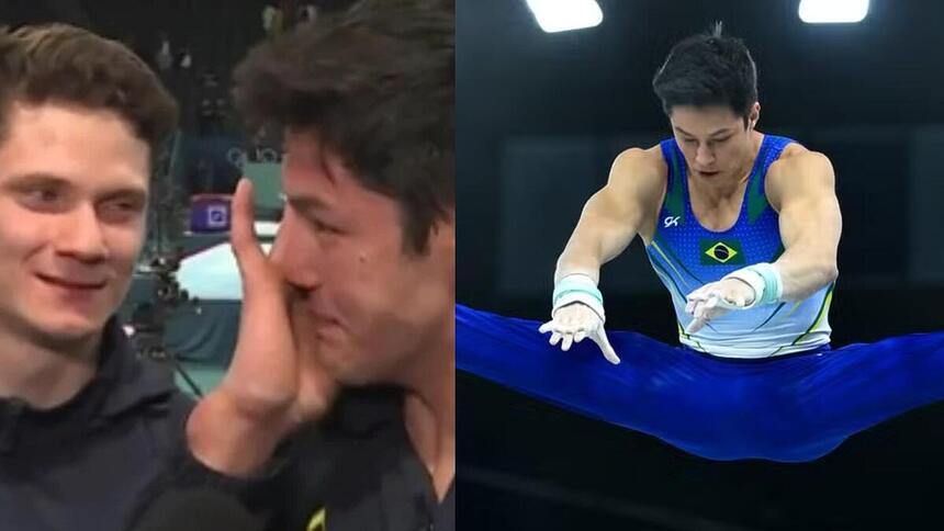 Arthur Nory chorando na Globo, em montagem com trecho de sua apresentação na Olimpíada 2024