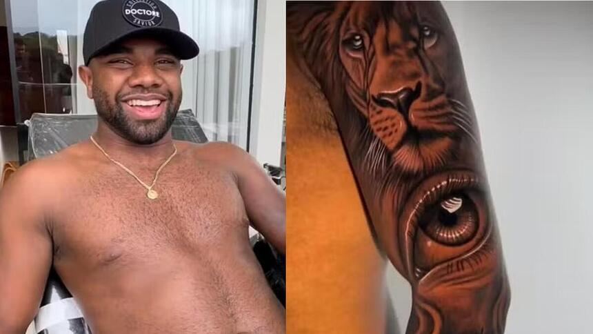 Davi Brito em montagem com o braço tatuado