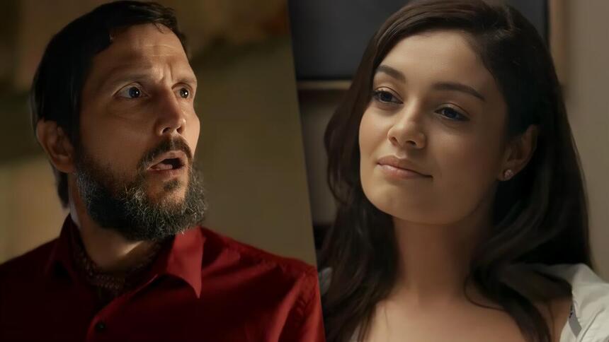 Egídio (Vladimir Brichta) de boca aberta olhando para Eliana (Sophie Charlotte) em cena de Renascer