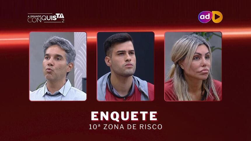 Fernando, Kaio e Lizi na arte da enquete da 10ª Zona de Risco do A Grande Conquista