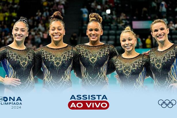 Lorrane Oliveira, Flávia Saraiva, Rebeca Andrade, Julia Soares e Jade Barbosa na arte onde assistir na Olimpíada