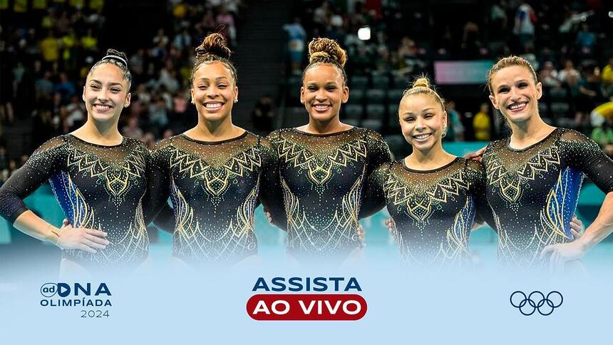 Lorrane Oliveira, Flávia Saraiva, Rebeca Andrade, Julia Soares e Jade Barbosa na arte onde assistir na Olimpíada