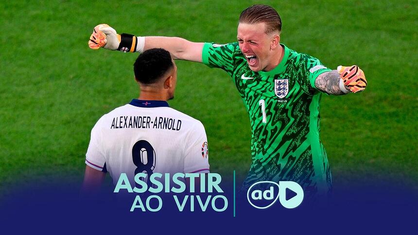 na arte onde assistir Alexander-Arnold e Pickford na arte do jogo Holanda x Inglaterra, pela Eurocopa