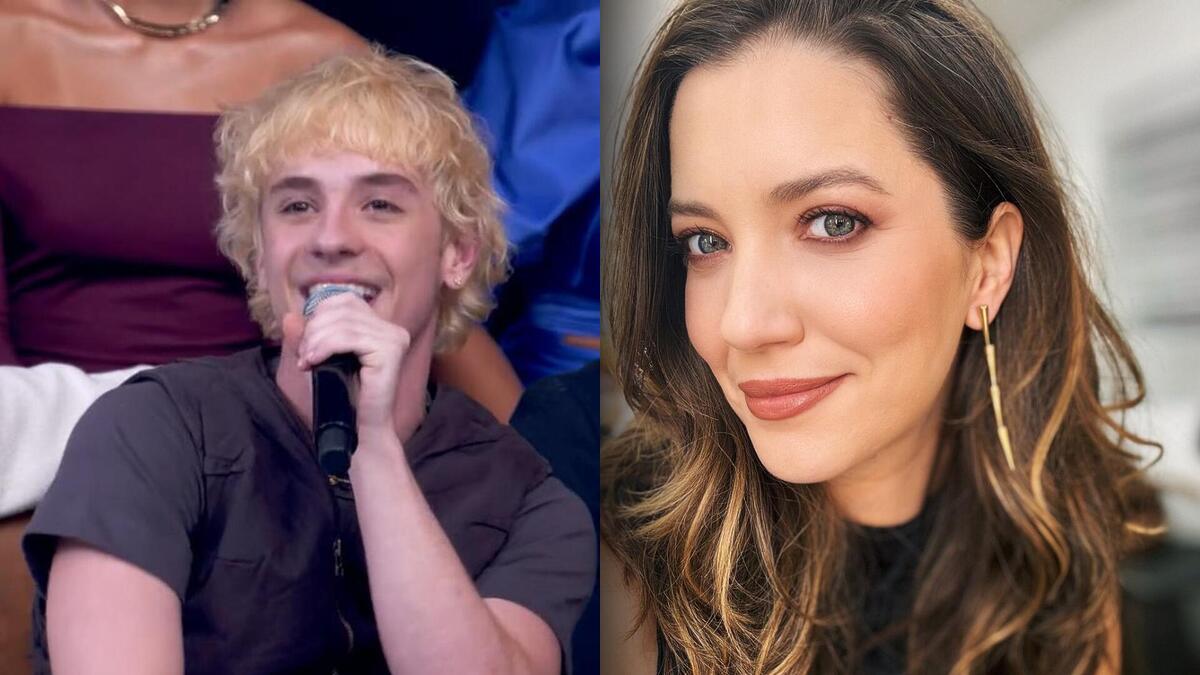 Montagem com Juliano Floss segurando microfone na final da Dança dos Famosos e Nathalia Dill ao lado em uma selfie sorridente