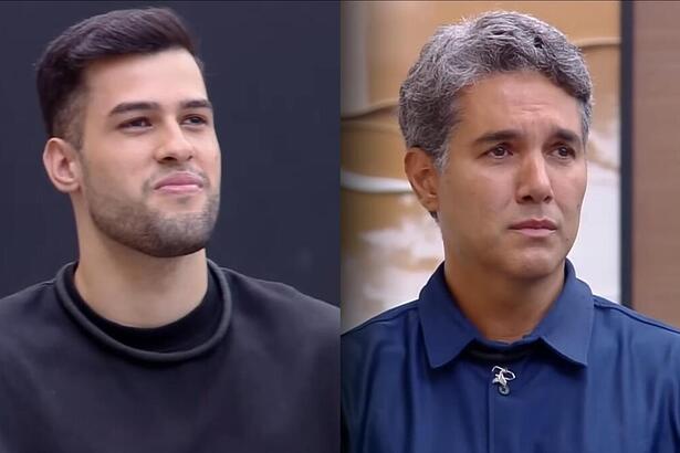 Montagem com Kaio sorrindo e Fernando Sampaio chorando na noite da última eliminação de A Grande Conquista 2