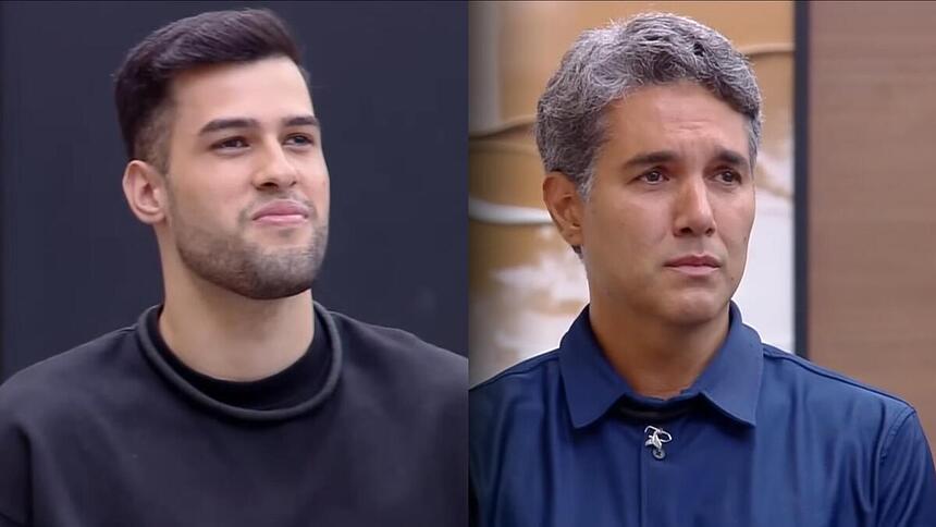 Montagem com Kaio sorrindo e Fernando Sampaio chorando na noite da última eliminação de A Grande Conquista 2