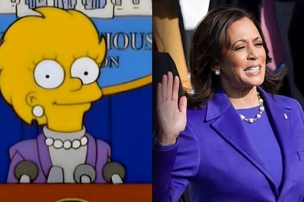 Lisa Simpsons como presidente e roupas idênticas a Kamala Harris