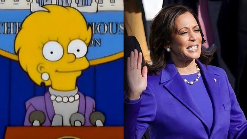 Lisa Simpsons como presidente e roupas idênticas a Kamala Harris