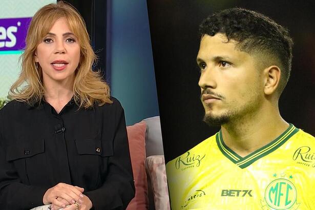 Keila Jimenez no cenário do Hoje em Dia da RECORD, divide tela com o jogador Yuri Lima, ez de IZA