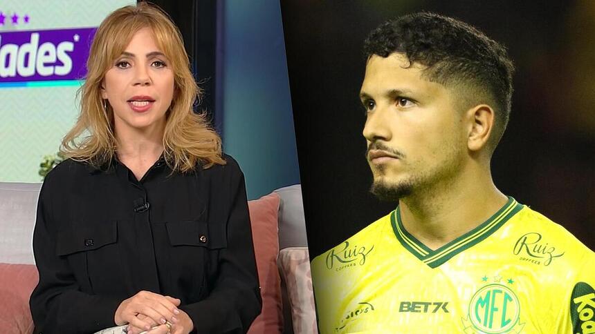 Keila Jimenez no cenário do Hoje em Dia da RECORD, divide tela com o jogador Yuri Lima, ez de IZA