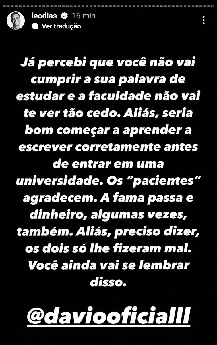 Print de Leo Dias rebatendo Davi nos stories do Instagram 