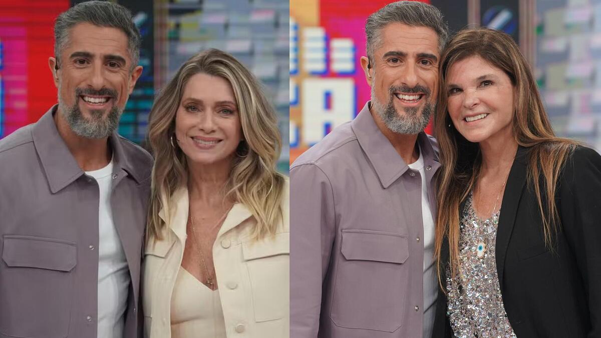 Leticia Spiller e Cristiana Oliveira, posando ao lado de Marcos Mion, no estúdio do Caldeirão