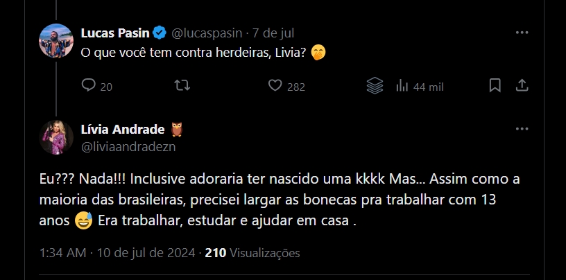 Lívia Andrade falando sobre herdeira no Twitter