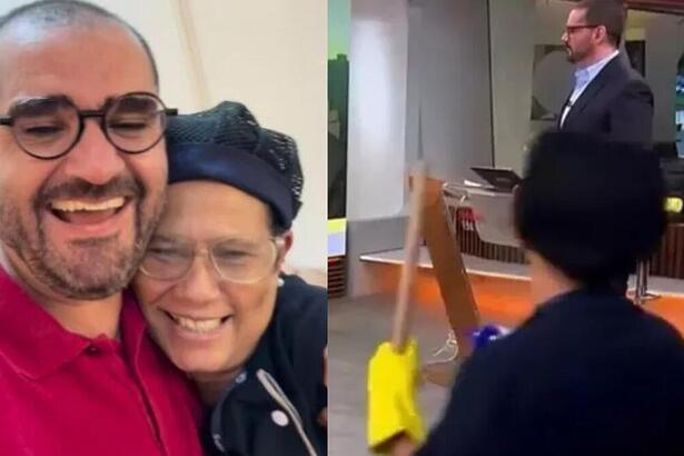 Marcelo Cosme abraçando a faxineira Rosana, em montagem com Rosana invadindo o Em Pauta na GloboNews