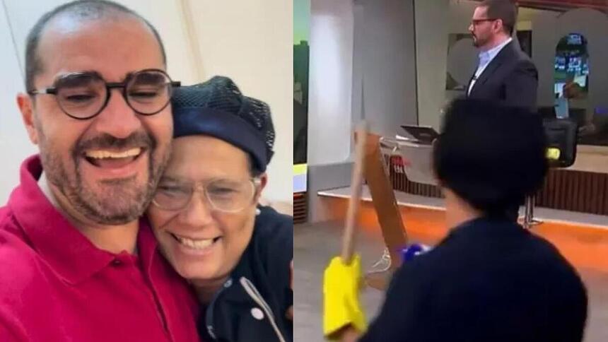 Marcelo Cosme abraçando a faxineira Rosana, em montagem com Rosana invadindo o Em Pauta na GloboNews