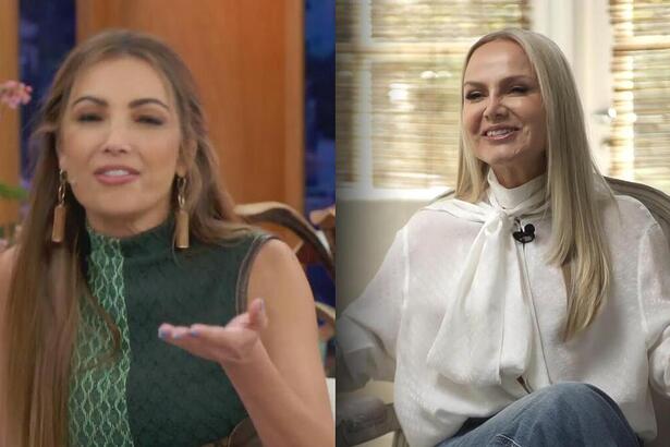 Patricia Poeta de vestido verde sorrindo ao falar de Eliana que está na montagem concedendo entrevista ao Fantástico na Globo