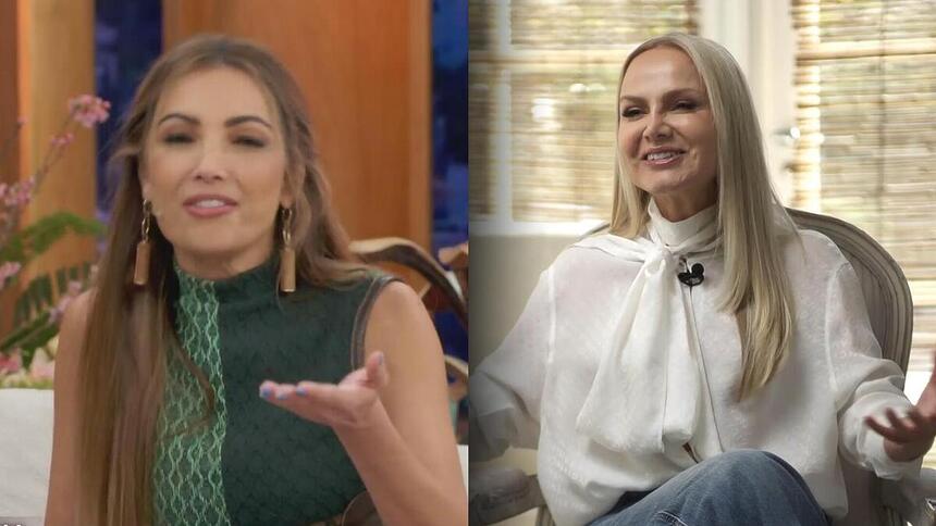 Patricia Poeta de vestido verde sorrindo ao falar de Eliana que está na montagem concedendo entrevista ao Fantástico na Globo