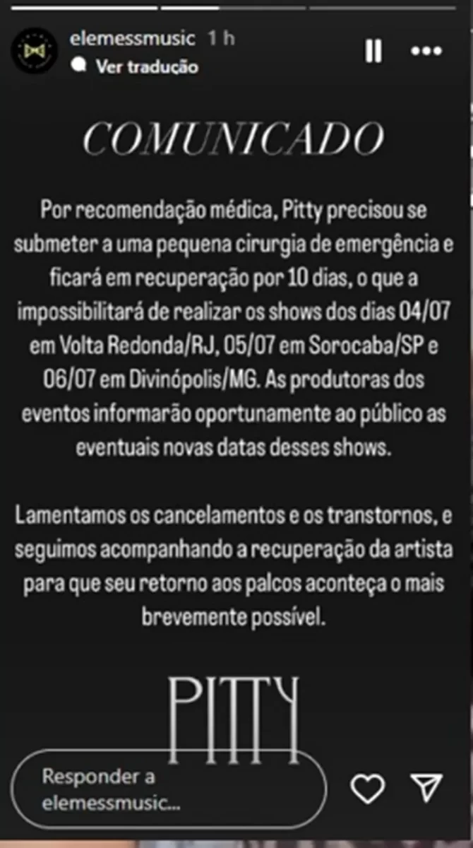 Print do comunicado nas redes sociais de Pitty sobre o cancelamento dos shows 