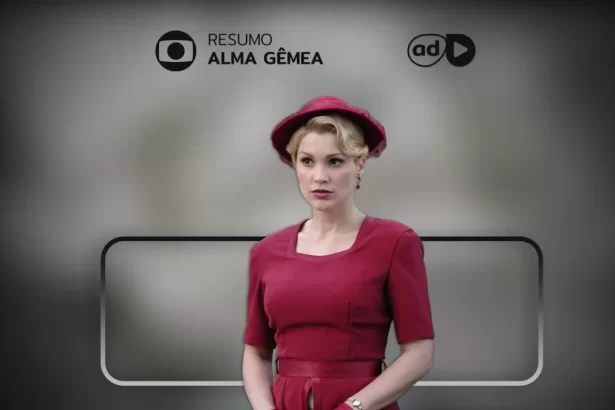 Cristina, de vestido vermelho, na arte do resumo de Alma gêmea