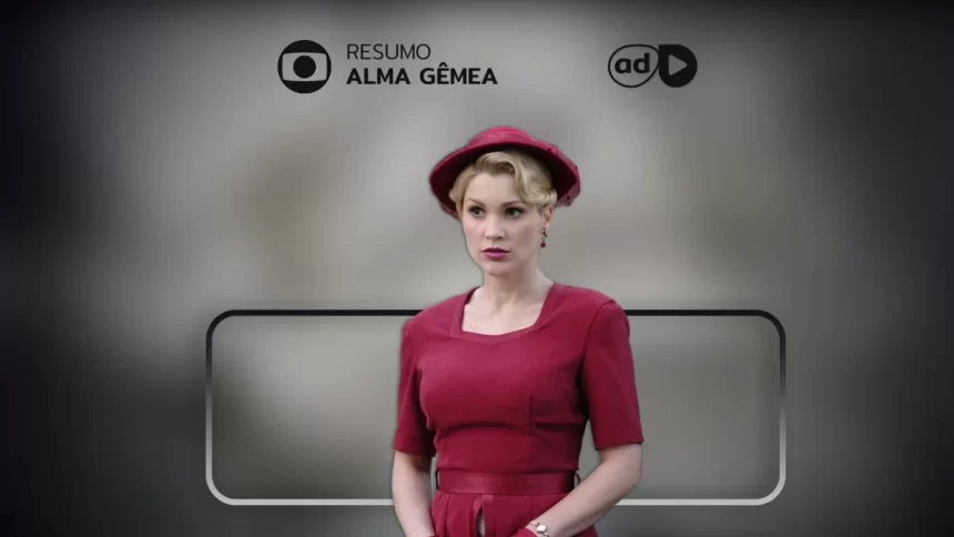 Cristina, de vestido vermelho, na arte do resumo de Alma gêmea