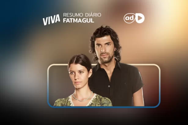 Protagonistas da novela Fatmagul na arte do resumo da novela no canal VIVA