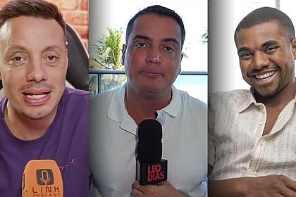 A imagem mostra Cairo Jardim, Leo Dias e Davi Brito sentados lado a lado. Cairo veste uma camiseta roxa com o logotipo “O LINK Podcast”, Leo segura um microfone e Davi veste uma camisa clara com pontos escuros. Todos parecem estar em um ambiente de gravação de podcast ou entrevista.