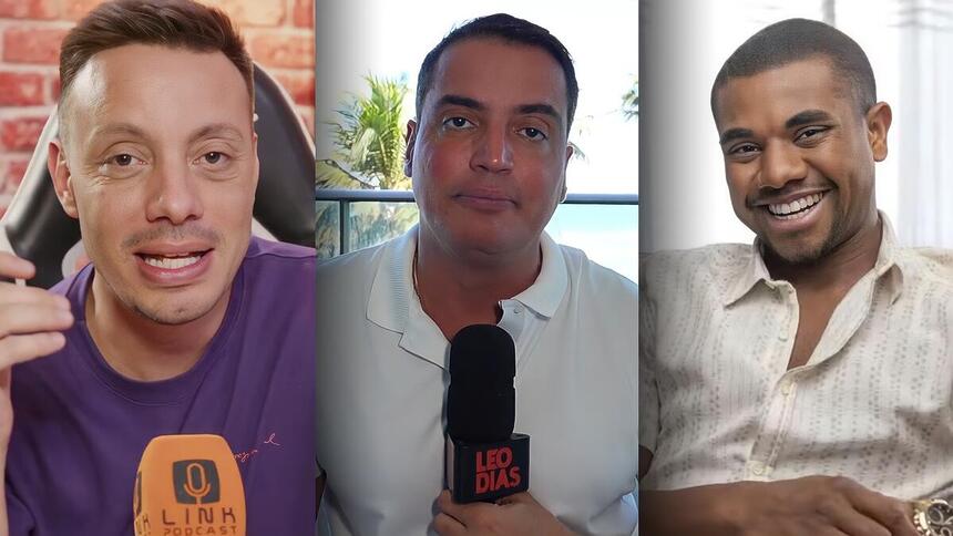 A imagem mostra Cairo Jardim, Leo Dias e Davi Brito sentados lado a lado. Cairo veste uma camiseta roxa com o logotipo “O LINK Podcast”, Leo segura um microfone e Davi veste uma camisa clara com pontos escuros. Todos parecem estar em um ambiente de gravação de podcast ou entrevista.