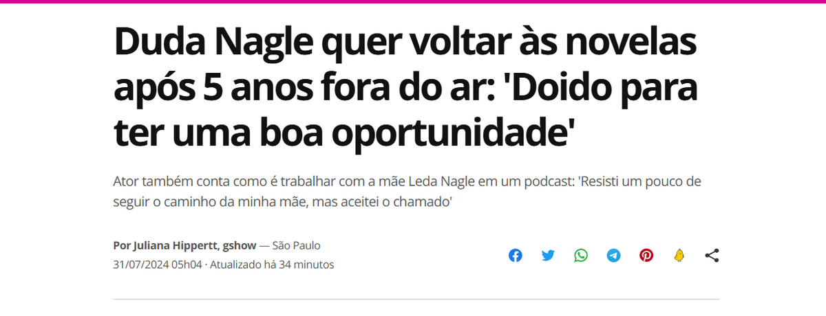 Manchete da declaração de Duda ao Gshow 