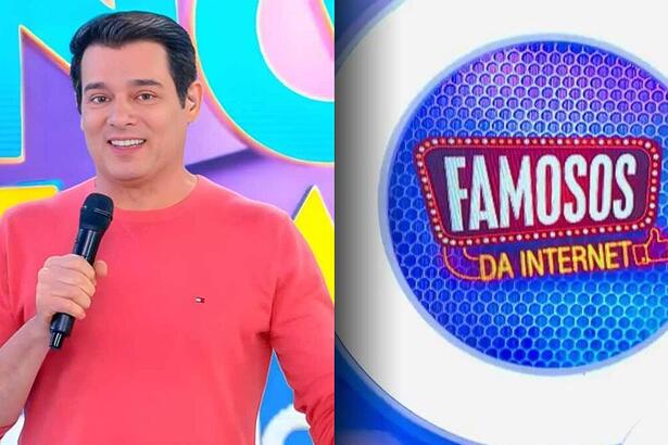 Montagem com Celso Portiolli ao lado do logo do quadro Famosos da Internet