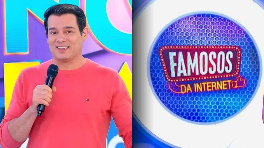 Montagem com Celso Portiolli ao lado do logo do quadro Famosos da Internet