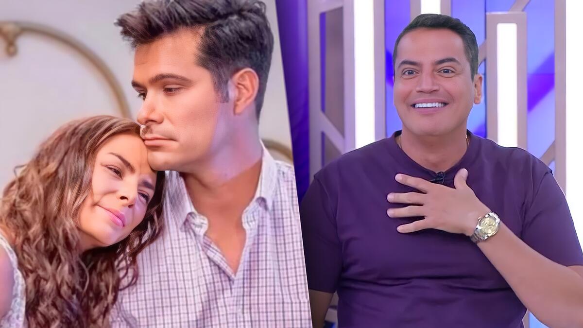 Protagonistas da novela mexicana Contigo Sim tristes em montagem com Leo Dias, feliz, no cenário do Fofocalizando