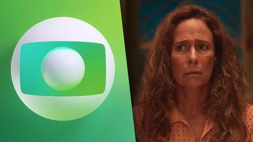 Logo verde do Futebol na TV Globo em montagem com Zefa Leonel em cena de No Rancho Fundo