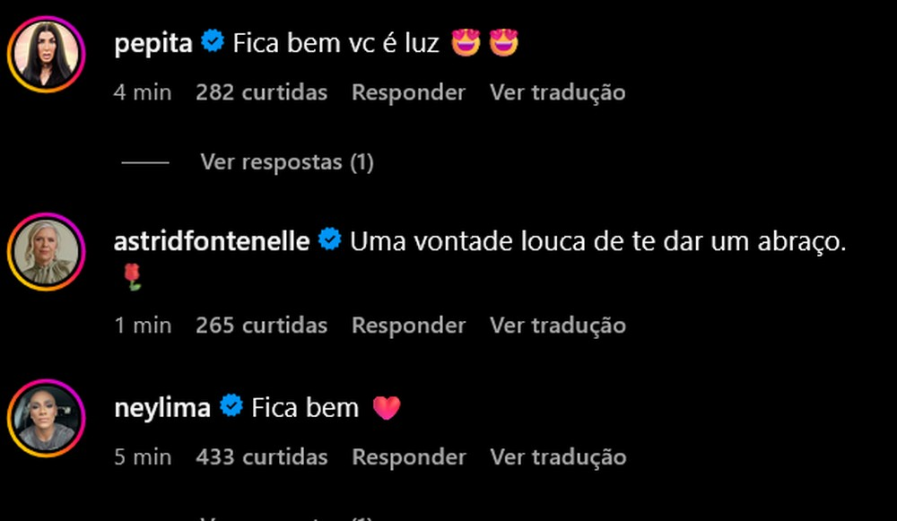 Comentários de Pepita, Astrid e Ney Lima em apoio a IZA